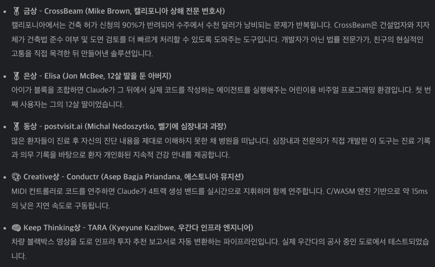 클로드 코드 해커톤 수상작들